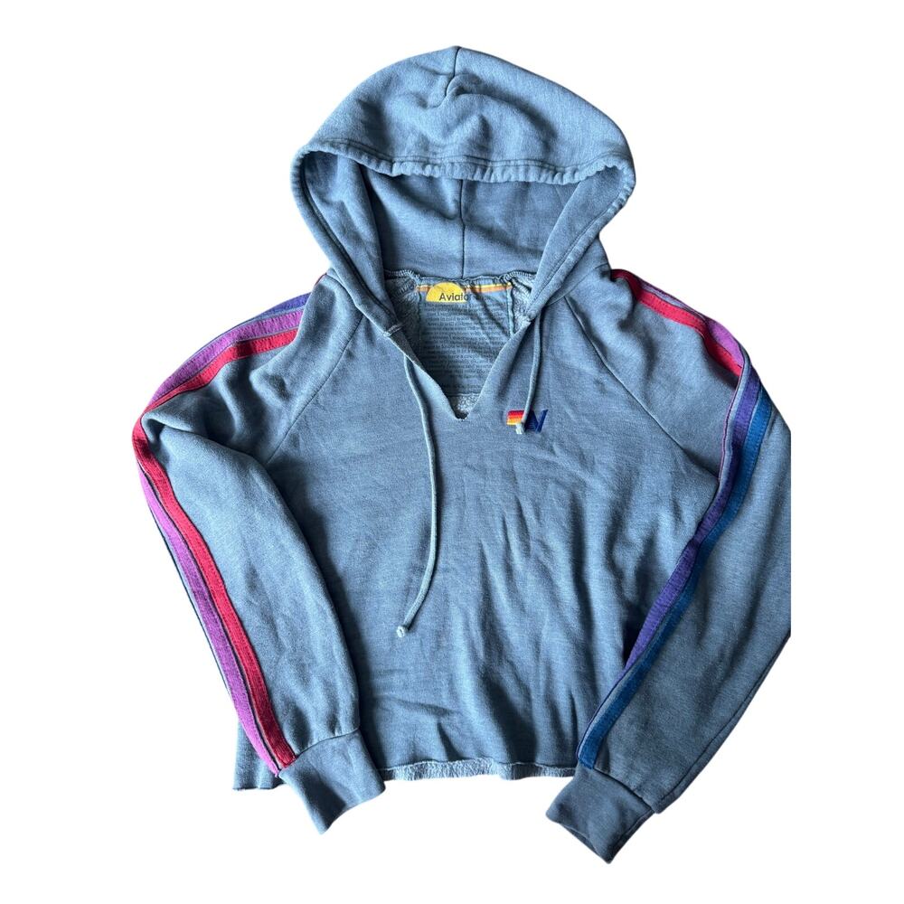 Aviator Nation 5 Stripe Cropped Hoodie Blue/Gray Cut Off Pullover Sweatshirt XS
